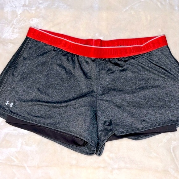 UNDER ARMOUR 🩳 2-in-1 GRAY/RED ATHLETIC SHORTS w/BUILT-IN COMPRESSION SHORT XXL - Picture 1 of 10